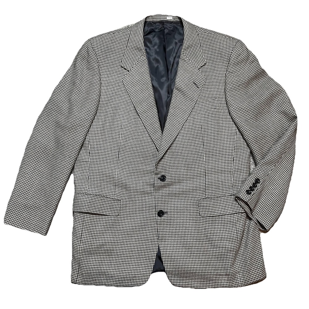Hickey Freeman Blazer Houndstooth Silk Wool Black / Cream USA Mens 44L Classic
